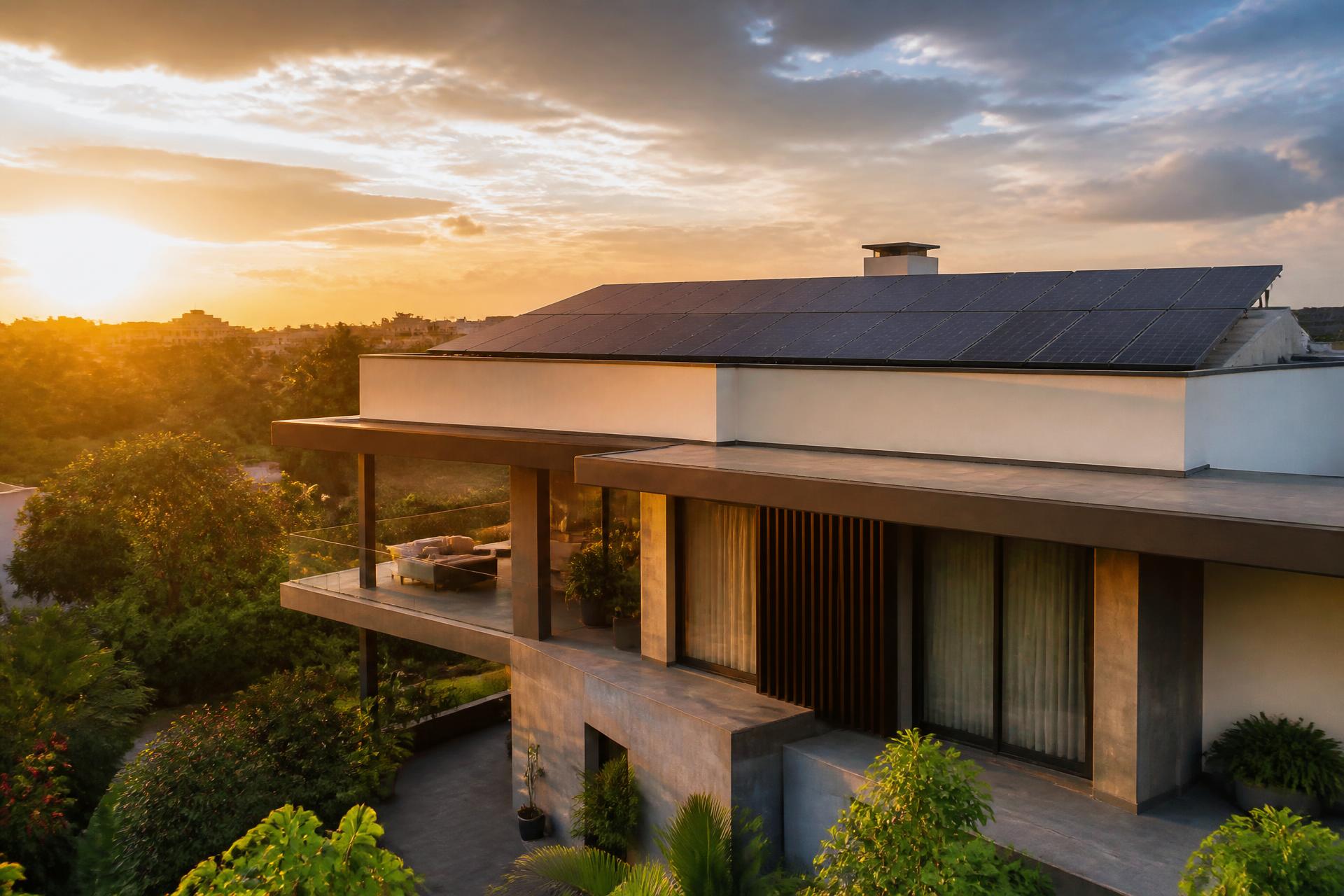 Modern Indian home with rooftop solar panels at golden hour