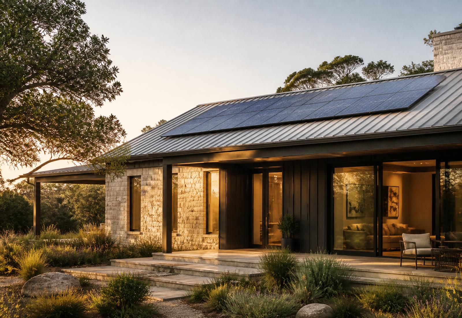 Modern stone home with rooftop solar panels at golden hour